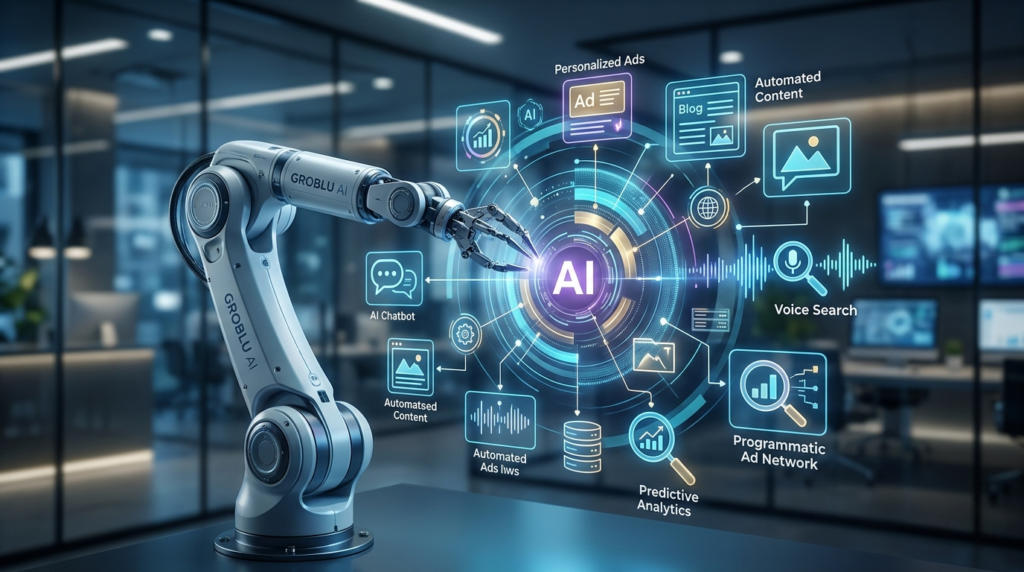 AI in digital marketing future trends 2026 with SEO strategies and automation by GroBlu, best website provider in Lucknow