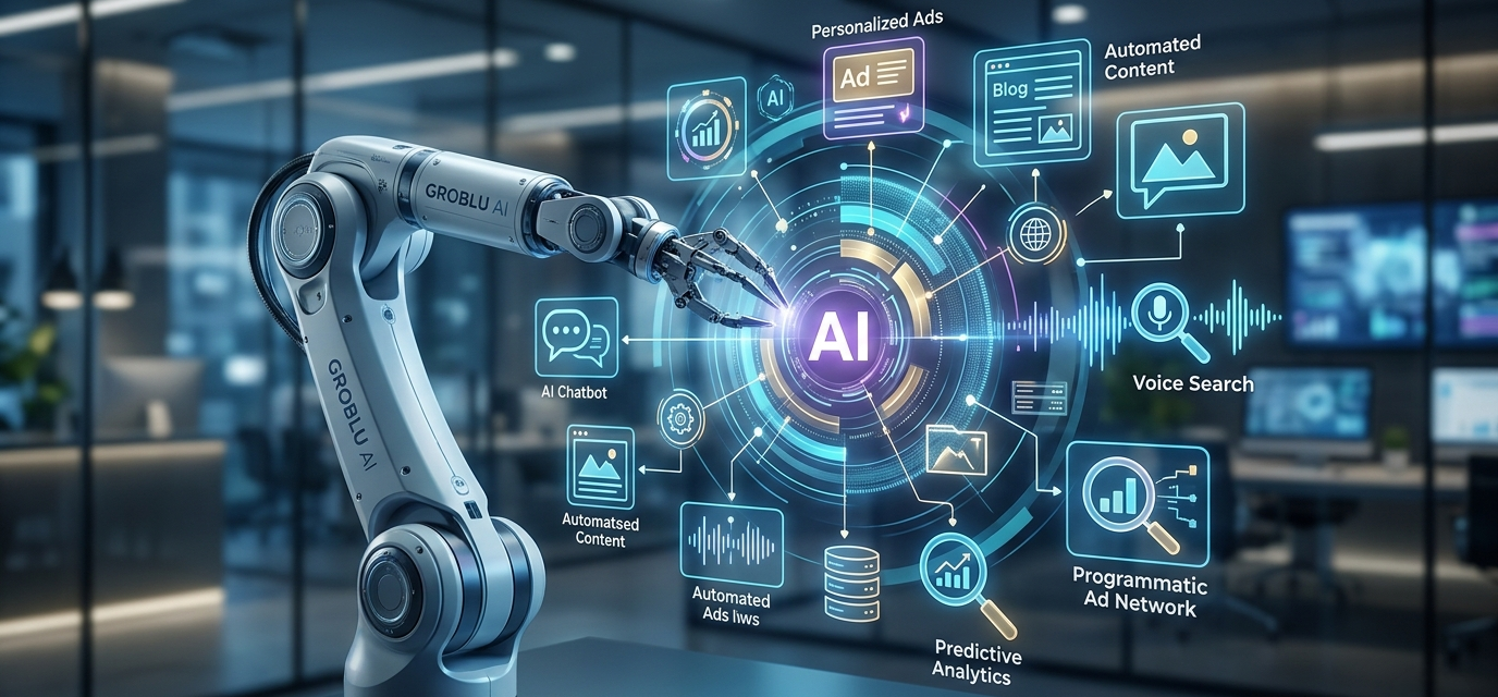 AI in digital marketing future trends 2026 with SEO strategies and automation by GroBlu, best website provider in Lucknow