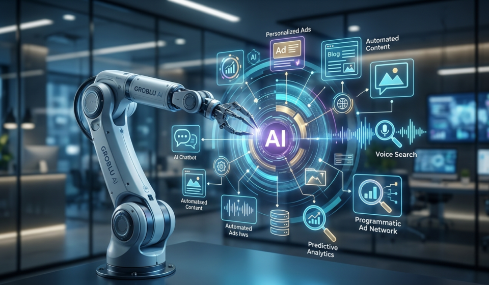 AI in digital marketing future trends 2026 with SEO strategies and automation by GroBlu, best website provider in Lucknow